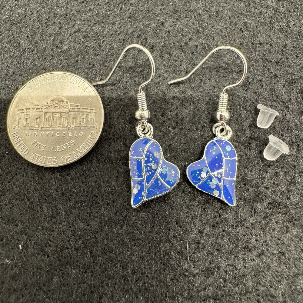 Blue Glitter Enamel Heart Dangle Earrings Silver Tone Fish Hook New